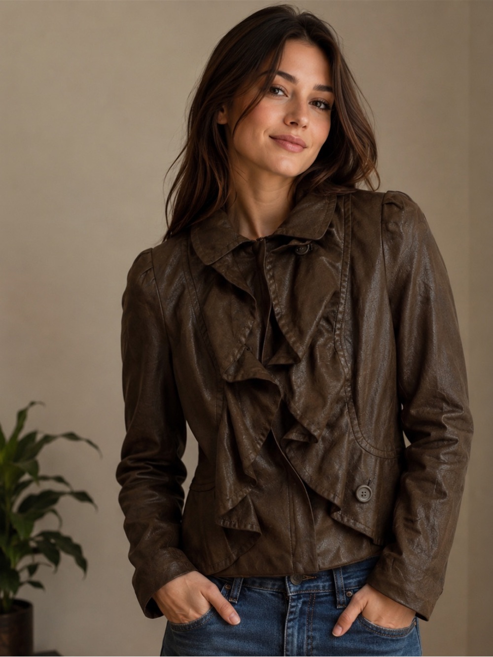 INC Women's Faux Leather Jacket L Ruffled Front Brown Short Coat Size Large